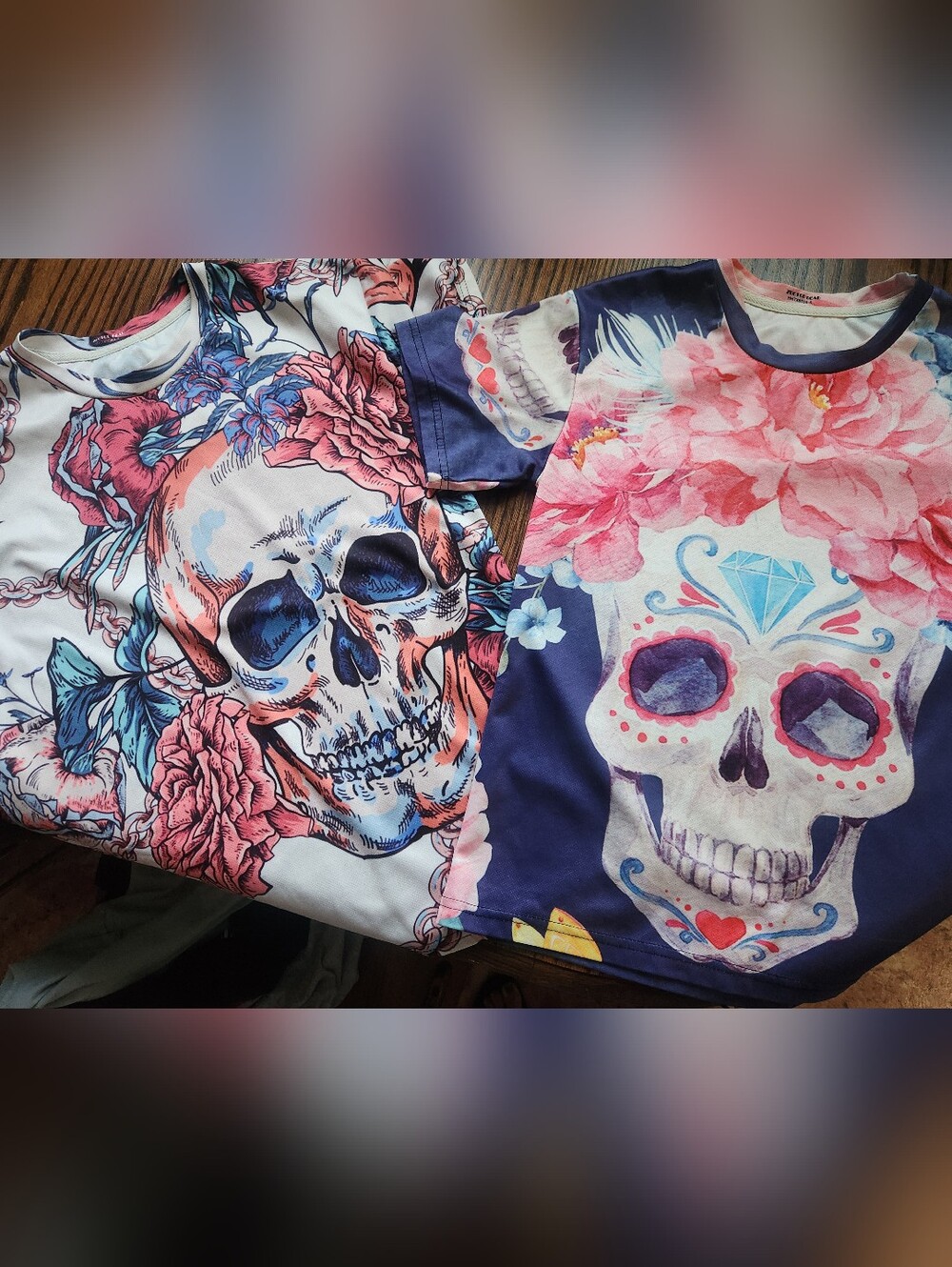 Zootop Bear Floral Sugar Skull Graphic Tee - Pink & Blue